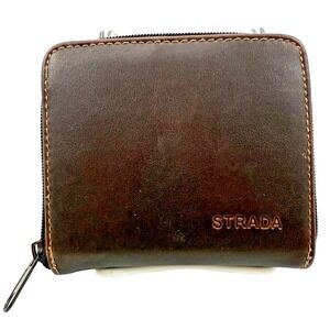 STRADA Brown Leather Wallet with Zip-Around Closure for Men or Women